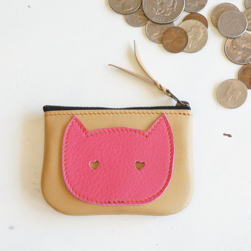 馬革×牛革製 ファスナータイプ 猫のアップリケがかわいい小銭入れ