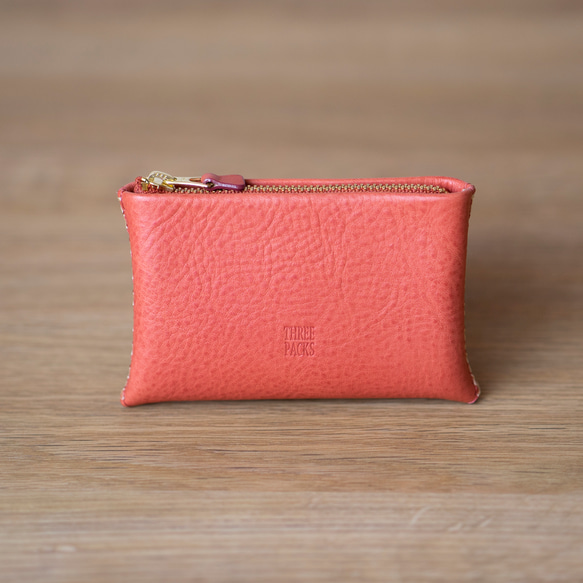 ジグザグ手縫いのミニ財布 (オールドピンク)◆イニシャル刻印・ラッピング無料◆本革◆ギフト 2枚目の画像