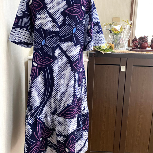 売り切れ在庫無し有松絞り 浴衣反物 ギャザーAライン ワンピース