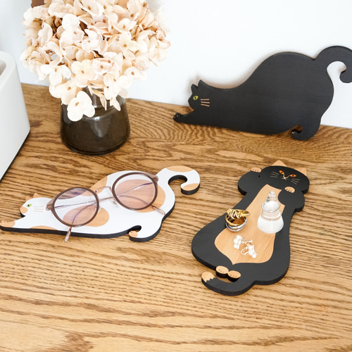 猫雑貨・ねこまみれ｜木製ロングコースター/プレート【 のびる・黒