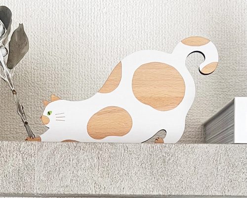 ちょっと一息♪ 伸び猫の木製コースター＆プレート 飾っても楽しい北欧