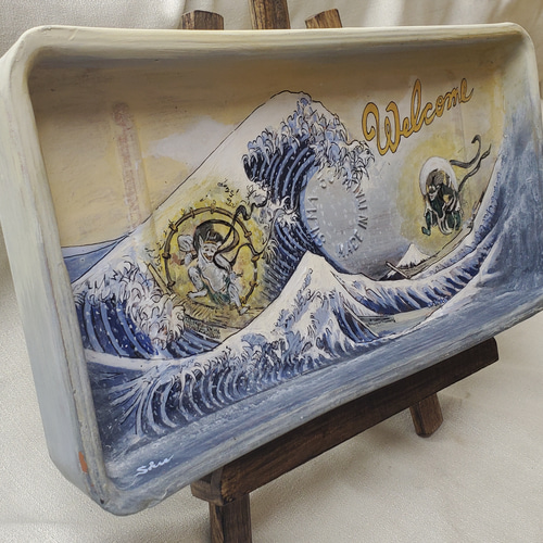 富嶽36景&風神雷神画 高級ウェルカムボード33cm イーゼル付 表札