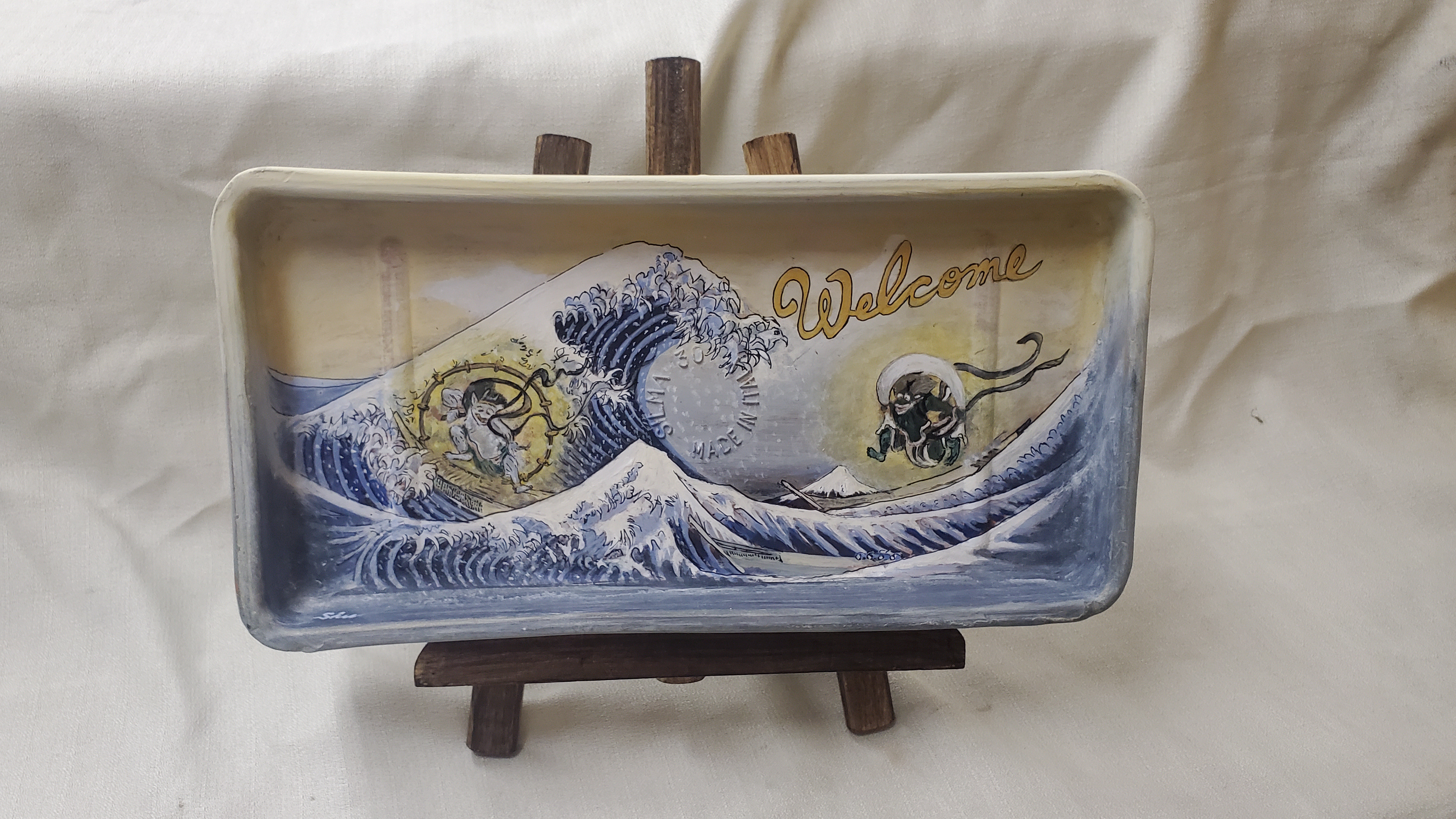 富嶽36景&風神雷神画 高級ウェルカムボード33cm イーゼル付 表札