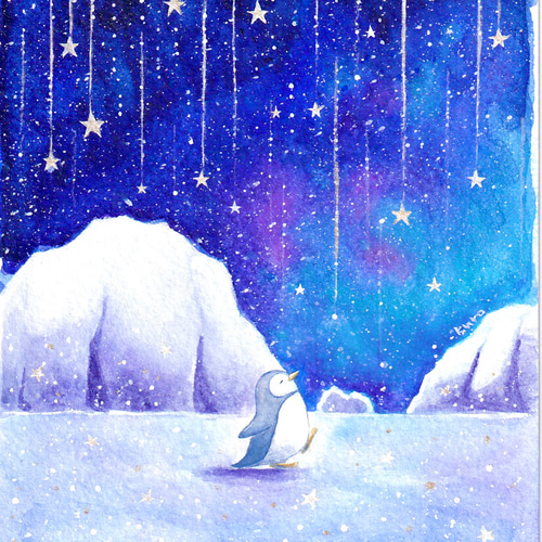 受注制作】星降る夜に【ペンギン】 絵画 kuro 通販 14401535｜Creema