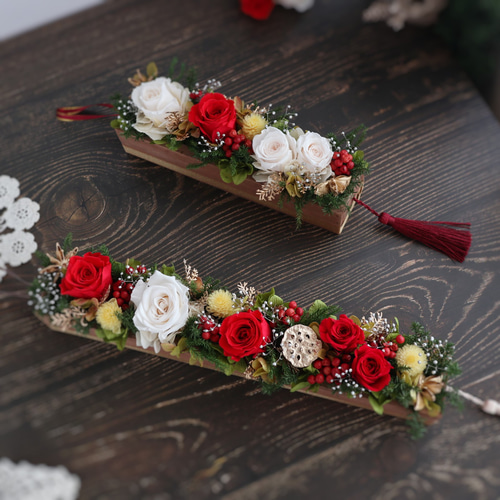 プリザーブドフラワー 薔薇の木箱アレンジ 30cm ❁ お正月 クリスマス