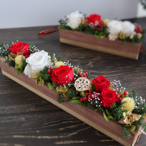 プリザーブドフラワー 薔薇の木箱アレンジ 30cm ❁ お正月 クリスマス
