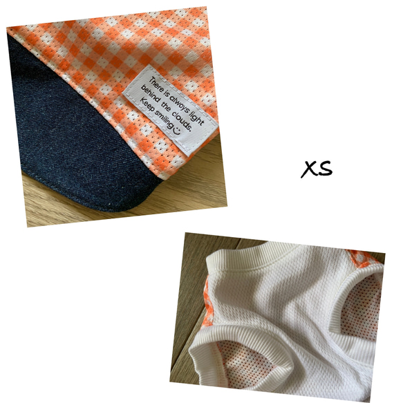 ハンドメイド犬服xsメッシュ生地オレンジギンガムチェックデニム切り替え 3枚目の画像