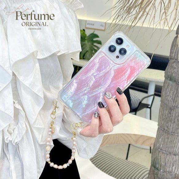 キラキラ天然シェル♡ハートポップソケット ホワイト✨パールチェーン✨iPhone キラキラ天然シェル♡ハートポップソケット ホワイト✨パール