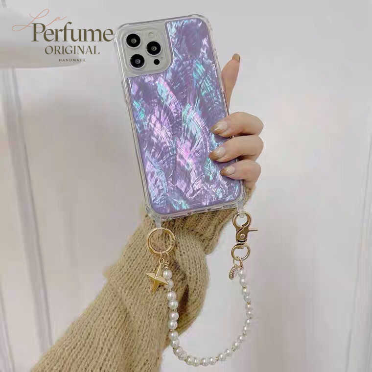 キラキラ天然シェル✨パープル系 チャームパールチェーン付き カラフル オリジナル スマホケース 夏 海 紫【受注生産】