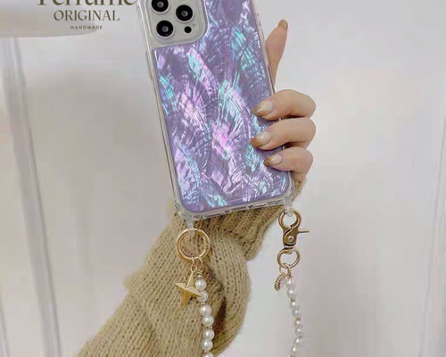 キラキラ天然シェルピンク系カラー✨パールチェーン オリジナル iPhoneケース キラキラ天然シェル✨ ピンクグラデーション パールチェーン付き