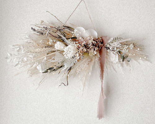 wall decoration パンパスグラスのスワッグ＊横長スワッグ パンパスグラスの横向きスワッグ ホワイトベージュ ドライフラワー