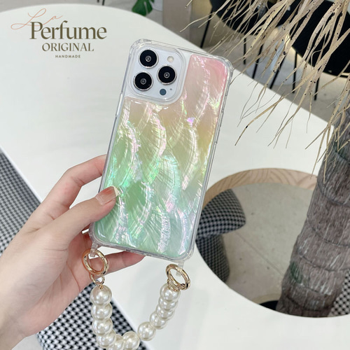 キラキラ天然シェル パープルブルー♡二連パールチェーン✨オリジナル iPhone キラキラ天然シェル✨パープル 紫 大粒パールチェーン付き