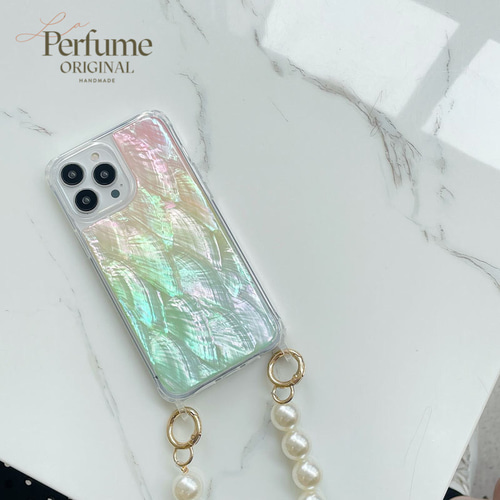 天然シェル♡キラキラ✨ビタミンカラー♡天然パールチェーン iPhoneケース キラキラ天然シェル✨ ビタミン系カラー 大粒パールチェーン付き
