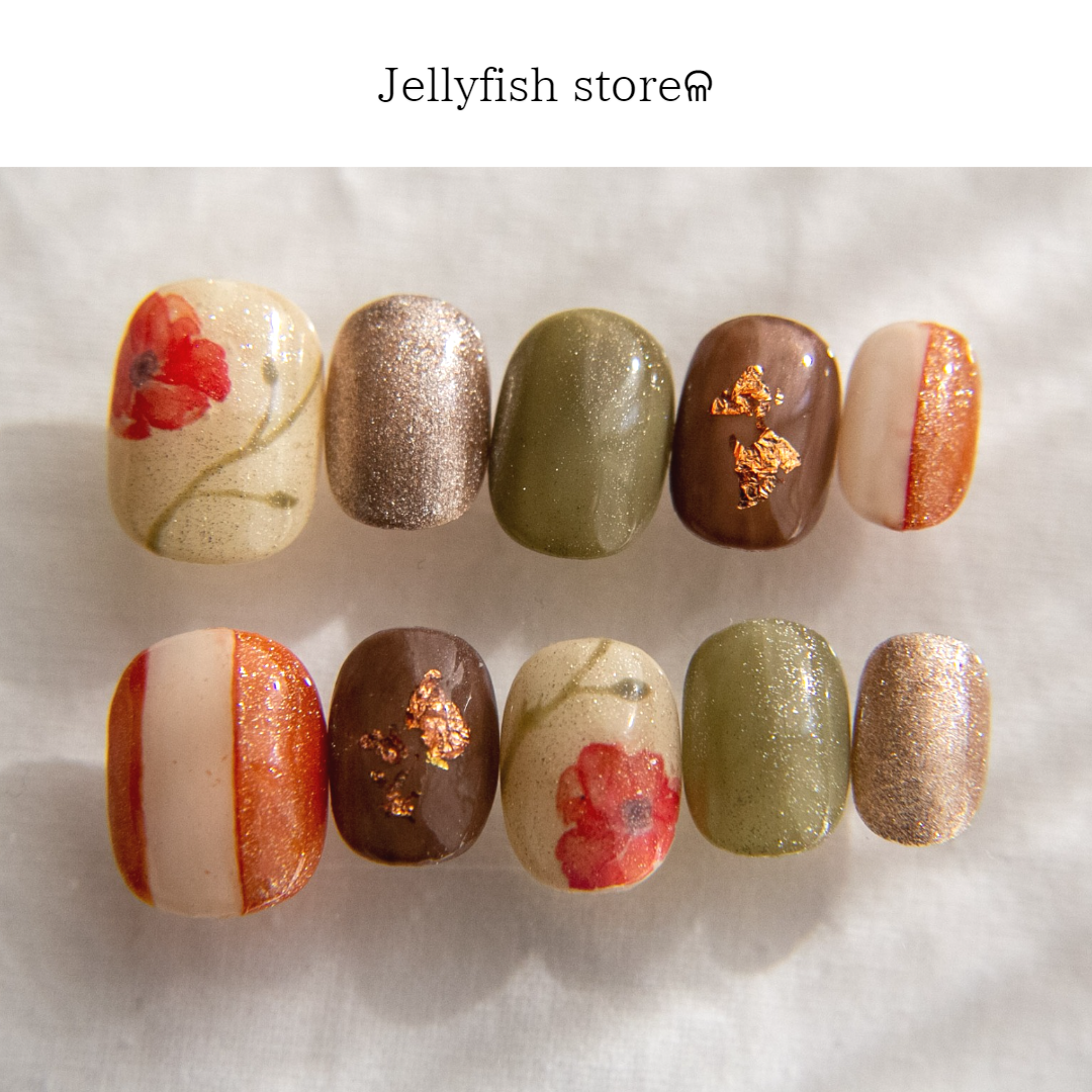 #34｜渋柿色 × アネモネ ❁ 美しい和風モダンネイル 成人式/振袖/花柄/正月/着物/浴衣/ブラウン【ネイルチップ】