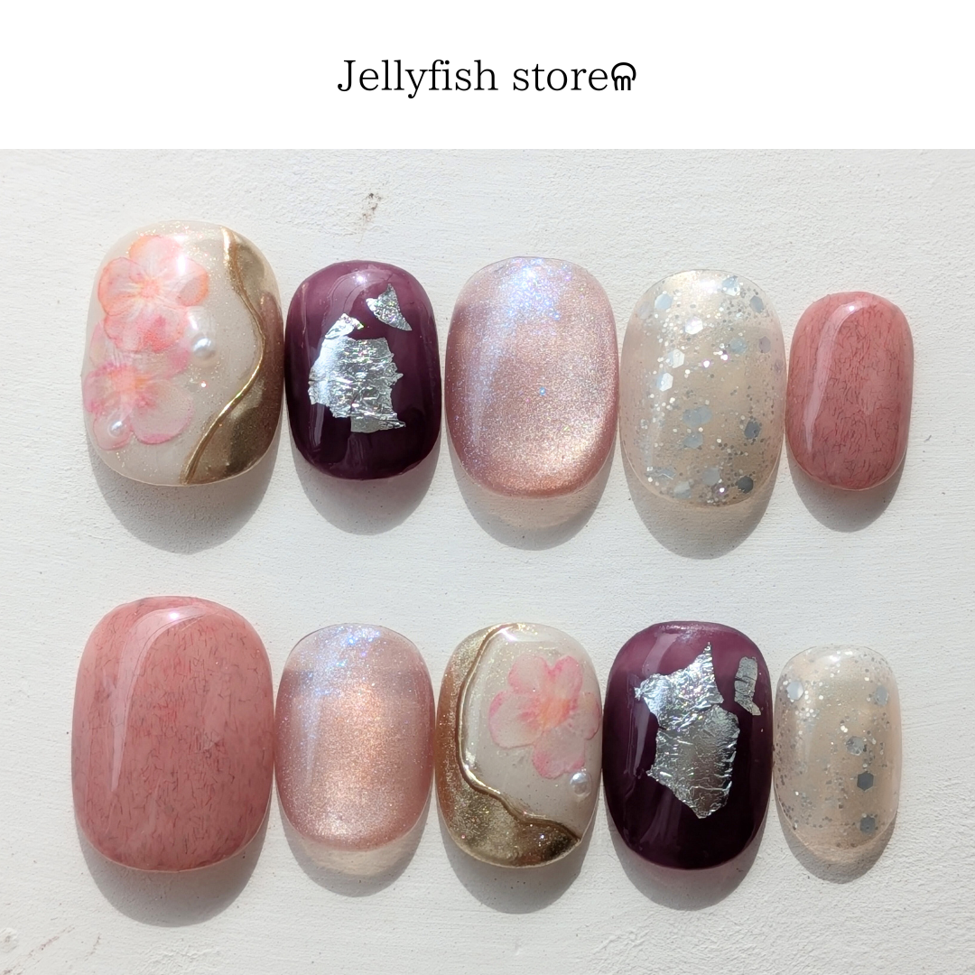 #35｜桃色 × さくら ❁ 美しい和風モダンネイル 成人式/振袖/花柄/正月/着物/浴衣/ピンク/紫【ネイルチップ】