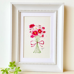 油絵 コスモスの花 花束 額縁