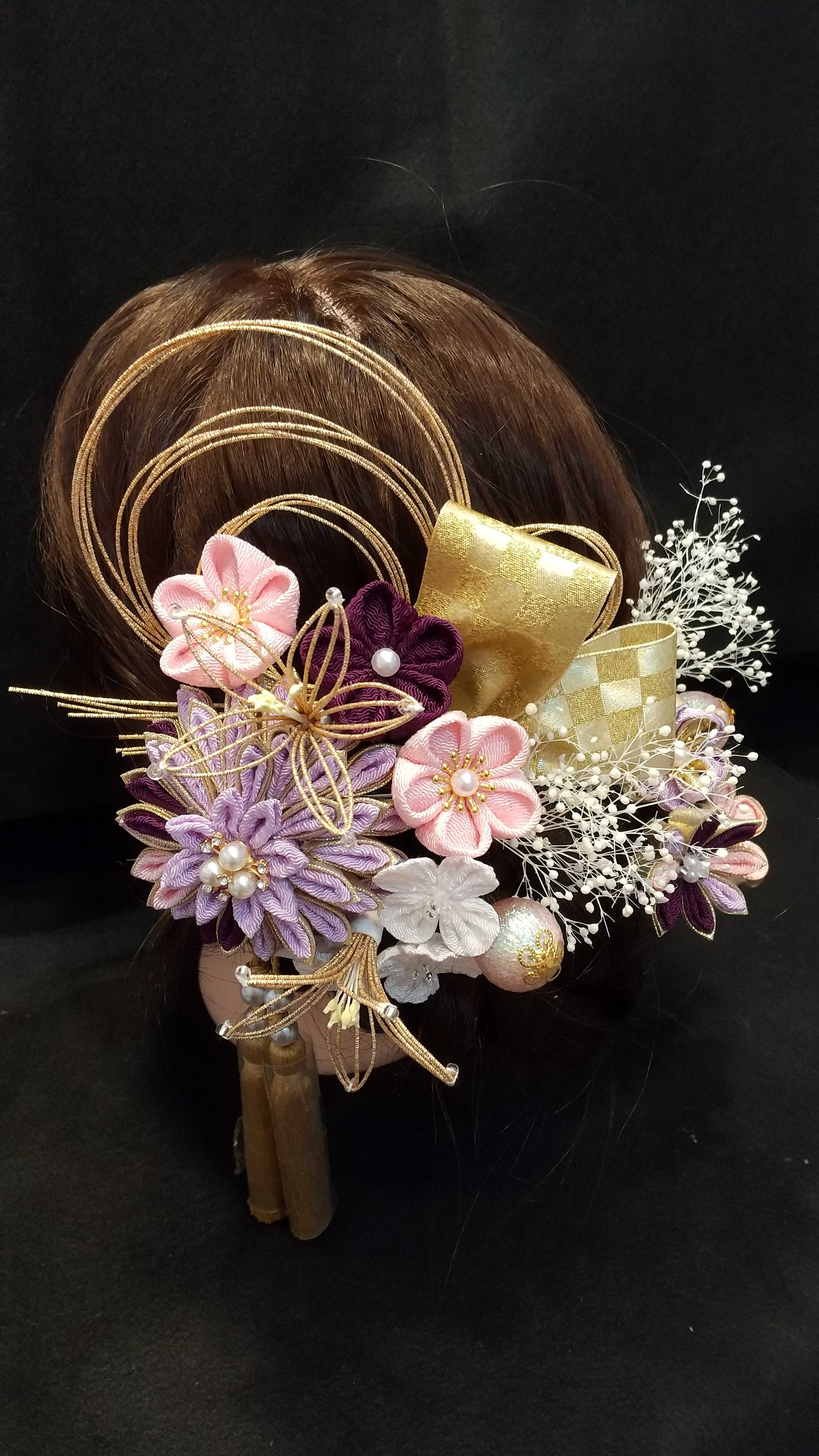 つまみ細工&水引&ドライフラワー     成人式、卒業式、七五三、婚礼などの髪飾り｢ちりめん｣江戸紫、ピンク