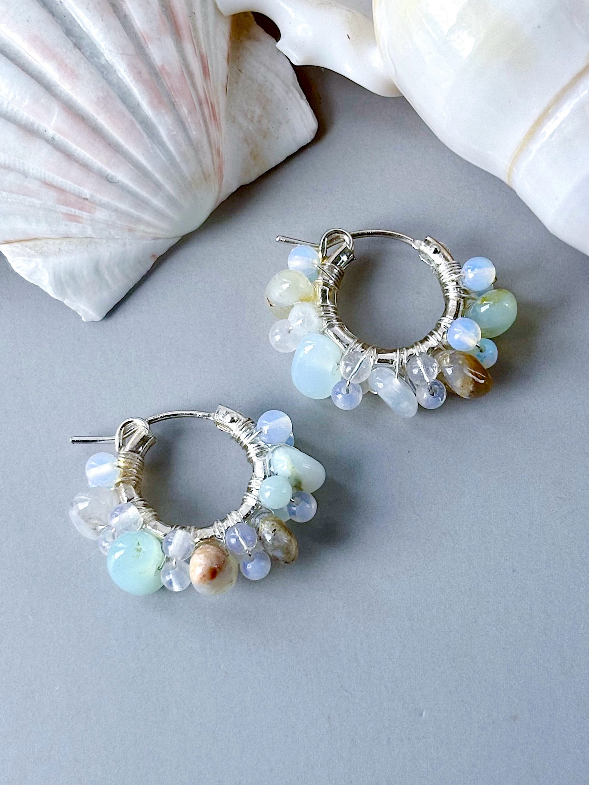 【925svf】ペルー産オパールのアースカラーピアス❇︎マルチカラー天然石×仄かに光るオパライト❇︎透明感フープ