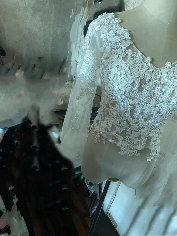 婚紗禮服波萊羅 3D 純色蕾絲刺繡 V 領連衣裙長袖婚禮/招待會 第6張的照片