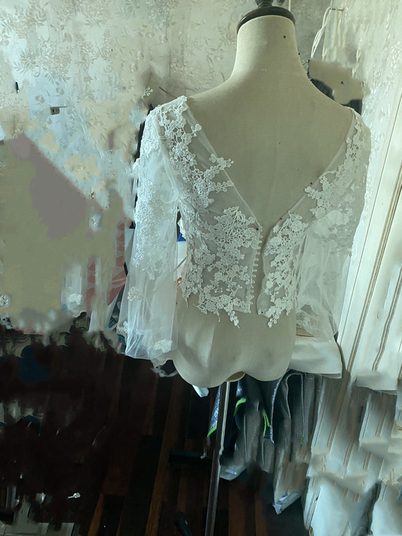 婚紗禮服波萊羅 3D 純色蕾絲刺繡 V 領連衣裙長袖婚禮/招待會 第4張的照片