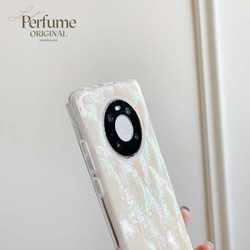 キラキラ天然シェル✨ ホワイト ロングパールチェーン付き Huaweiカラフル オリジナル スマホケース 白【受注生産】 9枚目の画像