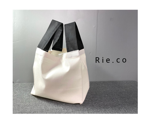 受注製作*  エコバッグ　ミニサイズ　simple eco bag* 生成り×black  men'sにも 1枚目の画像