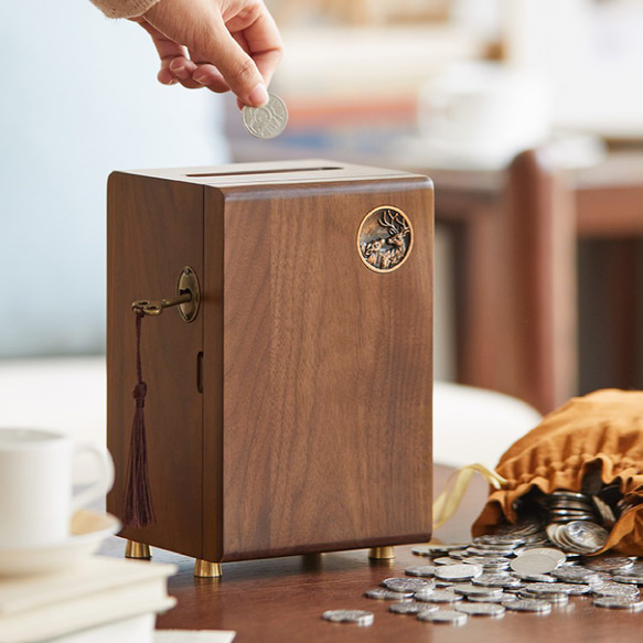 家庭用貯金箱　木工彫刻　小銭入れ　コインケース　多目的　金庫　記念日プレゼント 1枚目の画像