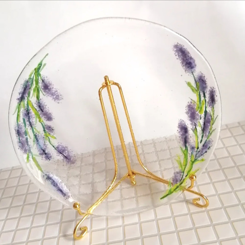 ラベンダー模様ガラスプレート ラベンダー柄ガラス皿 花模様 食器 小皿