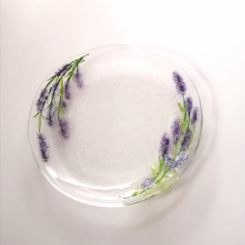 ラベンダー模様ガラスプレート ラベンダー柄ガラス皿 花模様 食器 小皿
