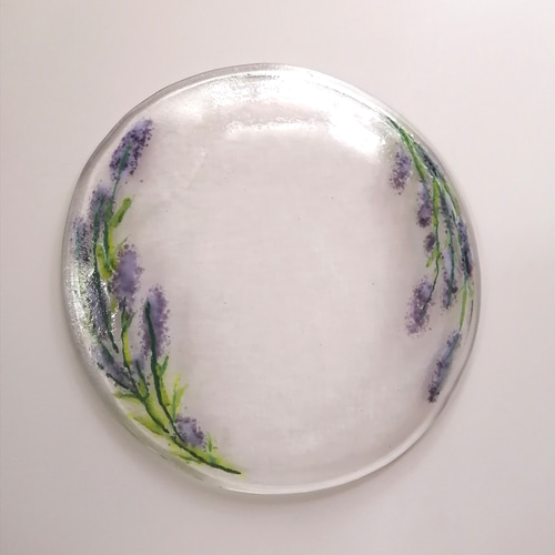 ラベンダー模様ガラスプレート ラベンダー柄ガラス皿 花模様 食器 小皿