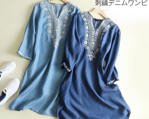 【送料込】デニム 刺繍 5分袖 Vネック カジュアル ワンピース 975b7e0336c0745918422d7c9dd0c6