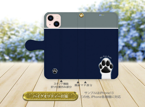 ハイクオリティーiPhone手帳型スマホケース （カメラ穴あり/はめ込みタイプ）【犬球（ネイビーブルー）】 2枚目の画像
