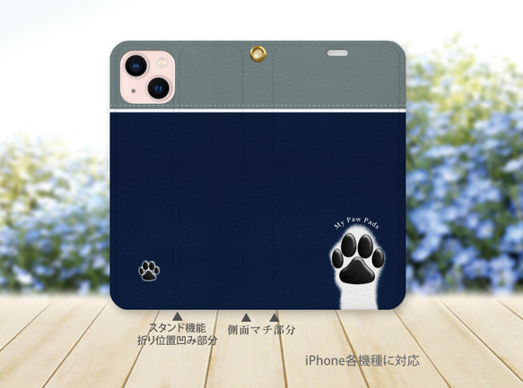 帯なし iPhone 手帳型スマホケース （カメラ穴あり/はめ込みタイプ）【犬球（ネイビーブルー）】 2枚目の画像