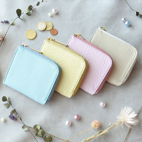 コンパクト革財布 L字ファスナー / パステルピンク・ブルー・イエロー