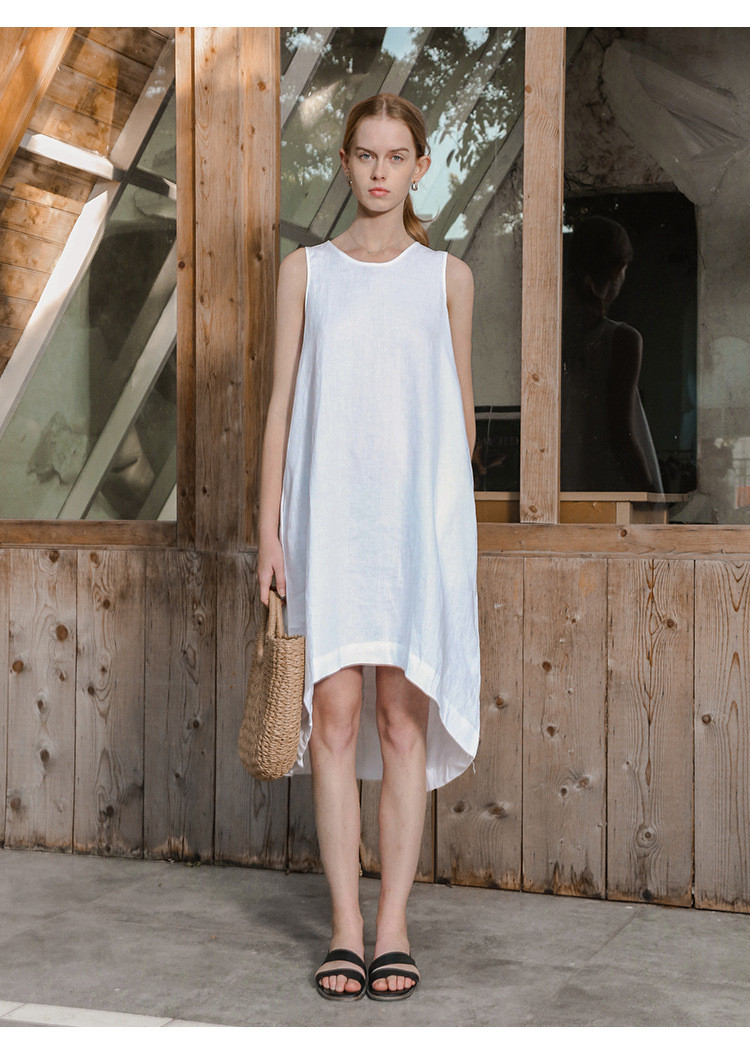 夏 秋ピュアリネンベストスカートノースリーブワンピース