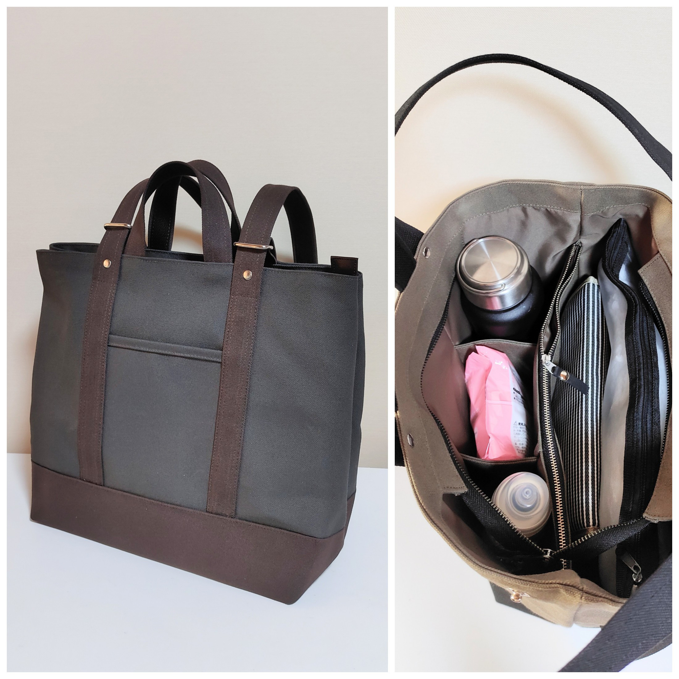 仕切りでスッキリ帆布リュック（ダークブラウン×チャコールグレー）