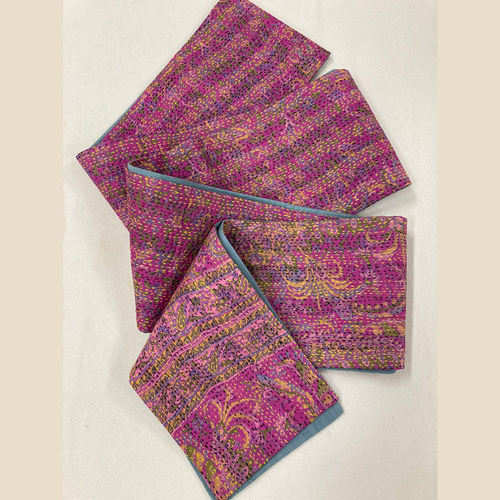 インドシルクカンタ刺繍(刺し子）の半幅帯 ピンク 和装小物（帯・半襟 