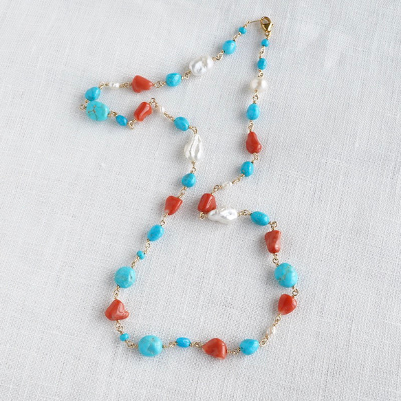 Turquoise coral and pearl necklace [OP801] 第3張的照片