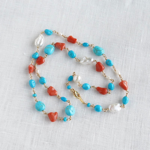 Turquoise coral and pearl necklace [OP801] 第4張的照片