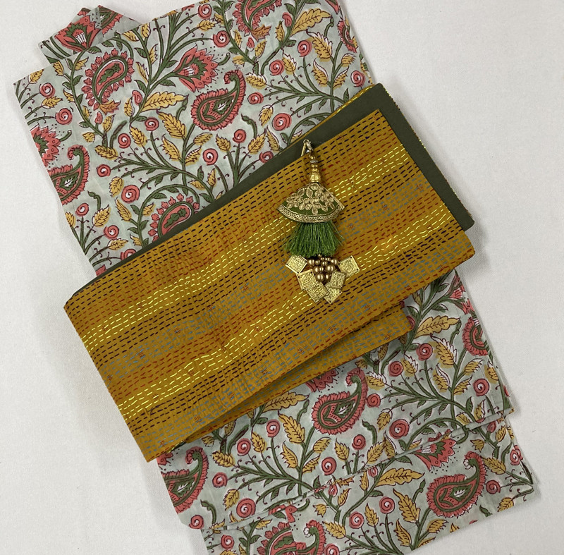 インドシルクカンタ刺繍(刺し子)の半幅帯 マリーゴールドカラー インドシルクカンタ刺繍(刺し子)の半幅帯 マリーゴールドカラー