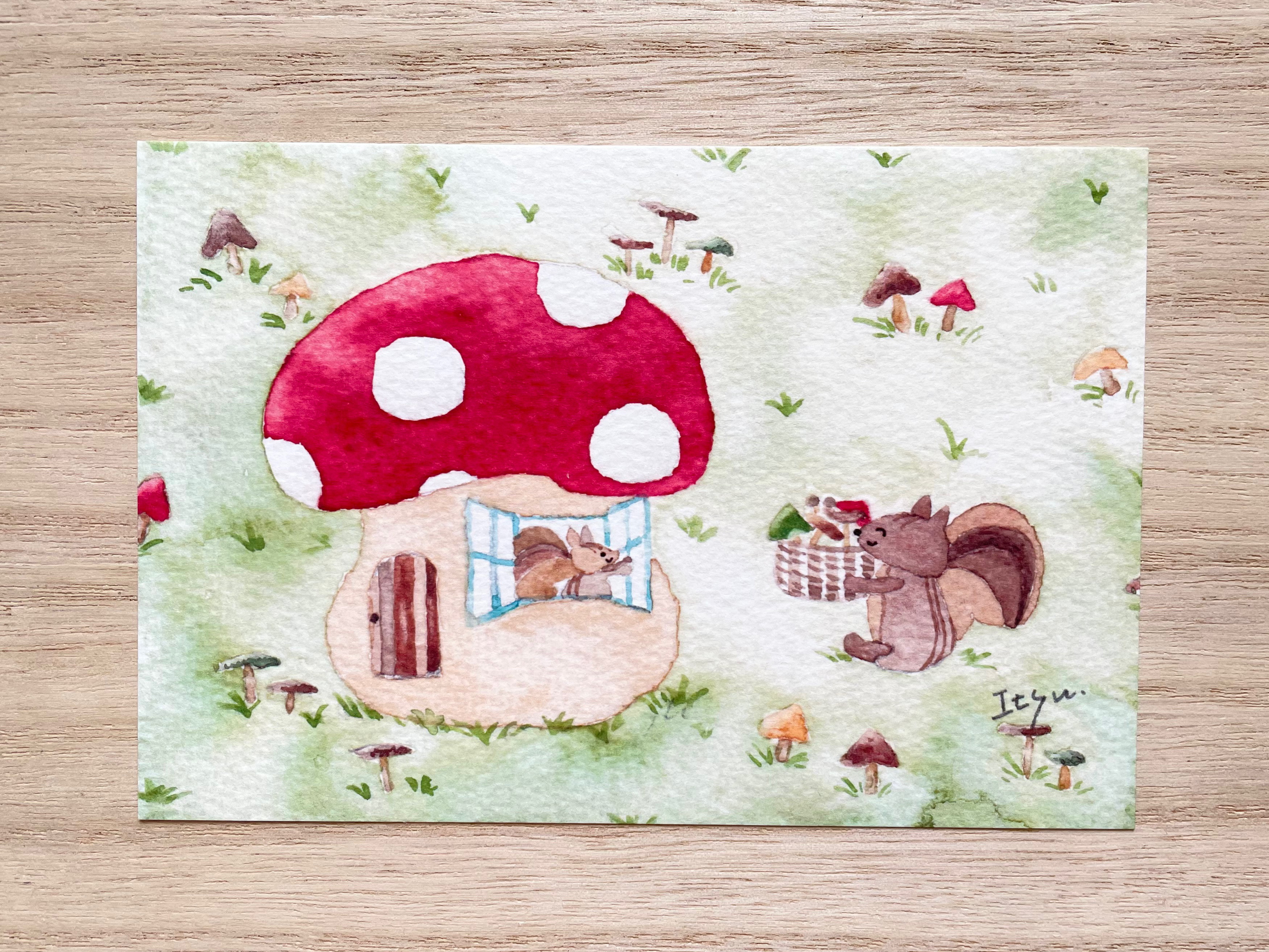 透明水彩画「りすさんのキノコ狩り」イラストポストカード3枚