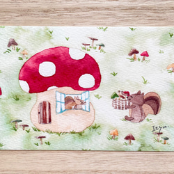 透明水彩画「りすさんのキノコ狩り」イラストポストカード3枚セット