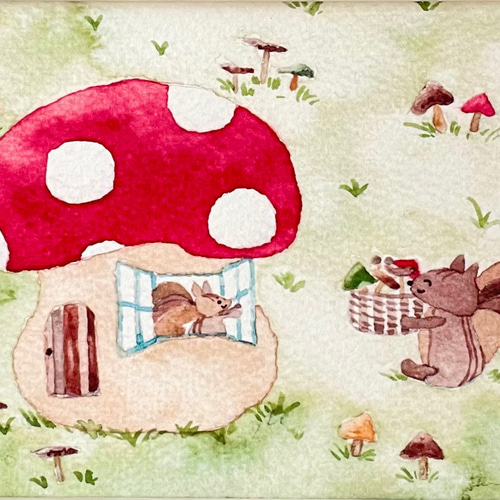透明水彩画 A4ポスター「りすさんのキノコ狩り」イラストポスター リス