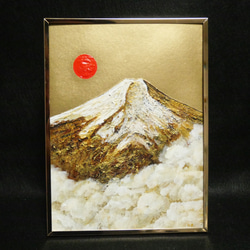 ●【雪のドット＆白富士】○がんどうあつし肉筆絵画アクリルF4ブラウン額付冬富士山 ○【雪のドット＆白富士】○がんどうあつし肉筆絵画アクリルF4
