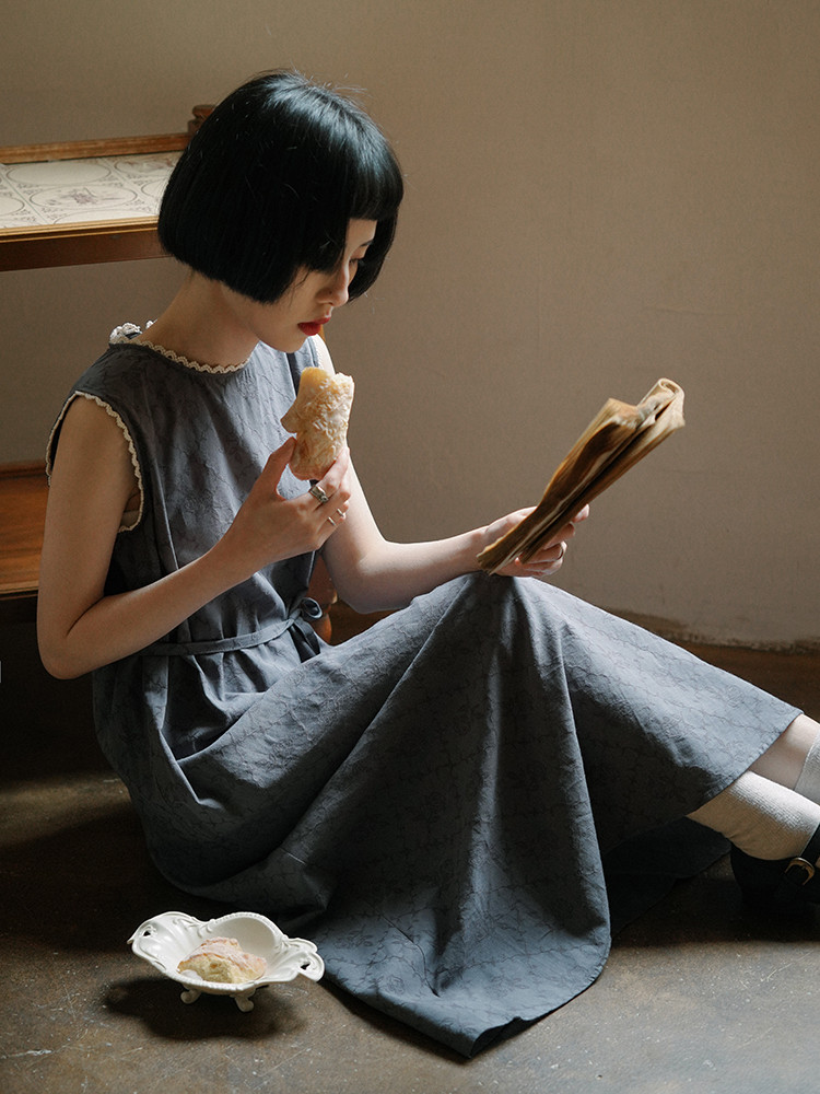1920s 製品染め フレンチアンティークリネン ノースリーブワンピース