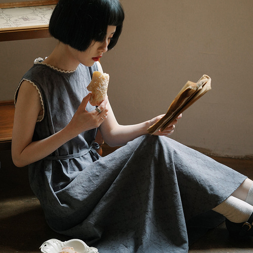 フレンチ風レトロワンピース ノースリーブ 麻リネン グレー色