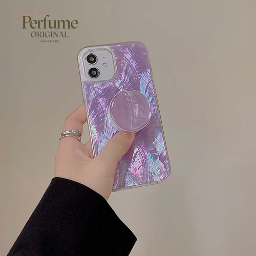 キラキラ天然シェル✨パープル 紫色 ポップソケット付き スマホ