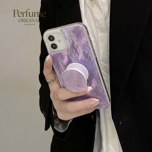 キラキラ天然シェル✨パープル 紫色 ポップソケット付き スマホ