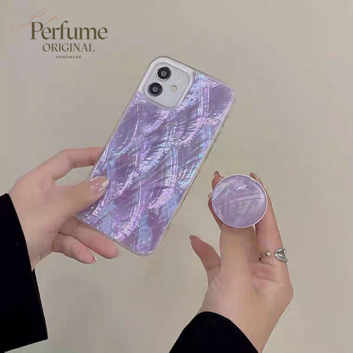 キラキラ天然シェル✨パープル 紫色 ポップソケット付き スマホ