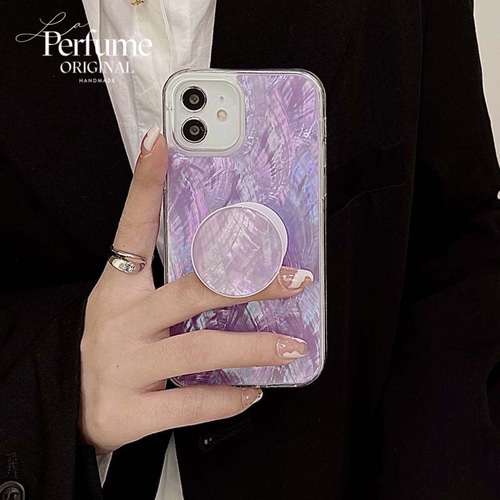 キラキラ天然シェル✨パープル 紫色 ポップソケット付き スマホ